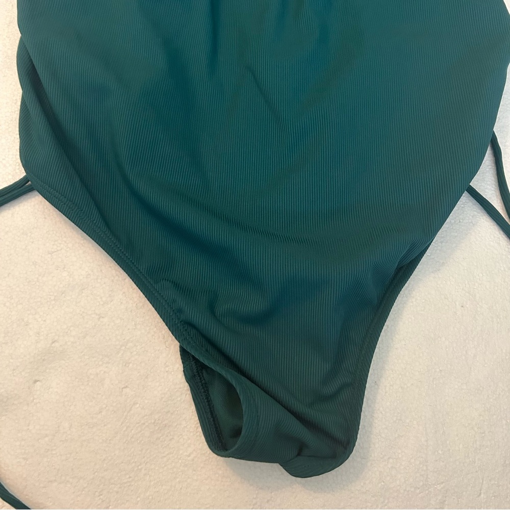 Shade & shore green teal ribbed one pice swim suit side ruching tie - Picture 7 of 14